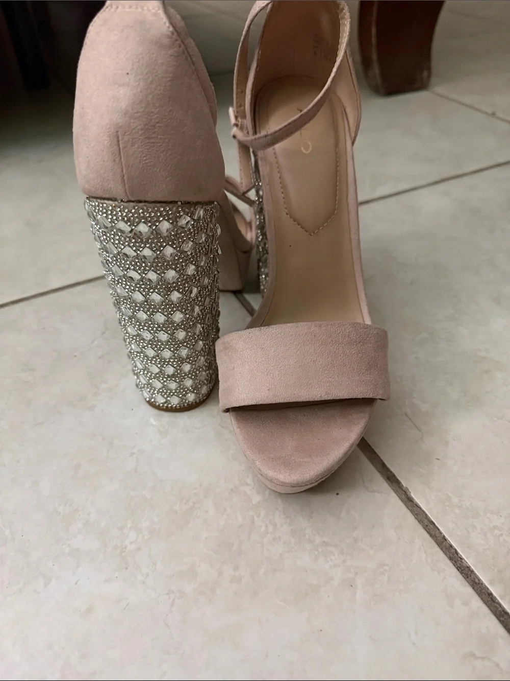 ALDO Blush Pink Suede Block Heel Sandals with Crystal-Embellished Heel